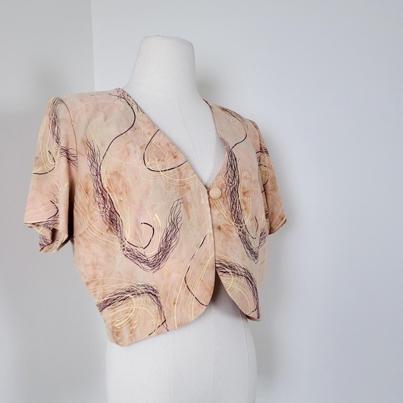 Tan Cropped Cardigan Shoulder Pads Single Button Closure Bolero Shawl Crop - Picture 10 of 10